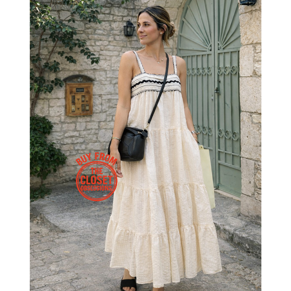 Zara NWT Cream Seersucker Cotton Tiered Midi Dress Lace Applique M